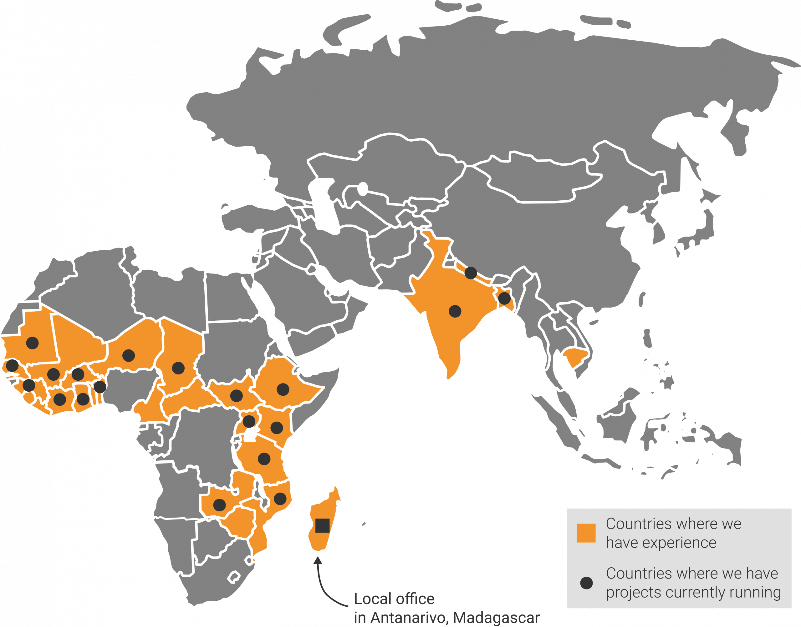 Map of countries with experience and projects running in 2022